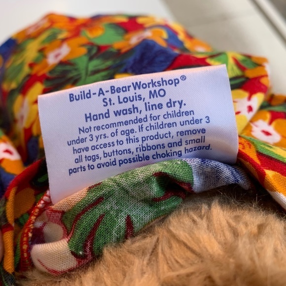 Build-A-Bear Bear, tan curly fur and nose, black smooth paw pads. Floral shirt - Picture 7 of 10